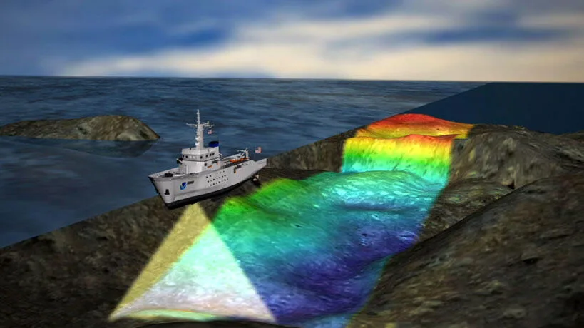 Illustration of how a survey vessel collects multibeam echosounder data