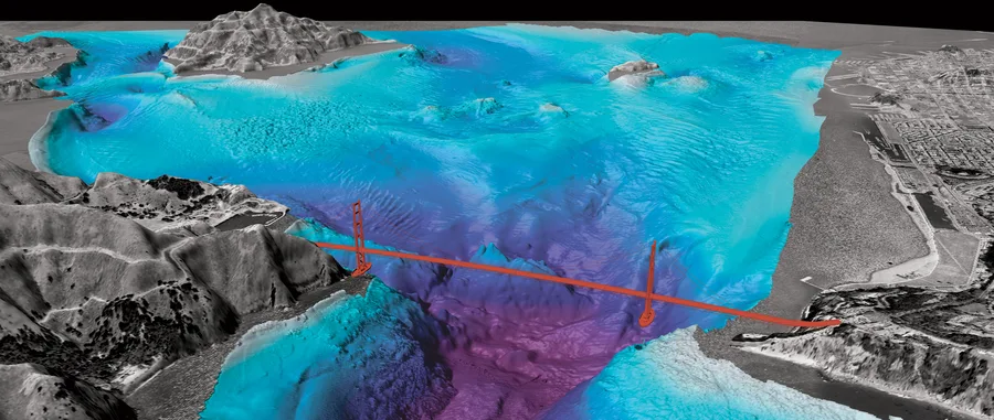 Colorful multibeam bathymetry map of San Francisco Bay