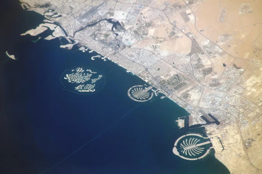 Satellite view of Palm Jumeirah and Palm Jebel Ali artificial islands, Dubai