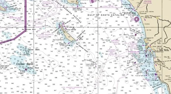 A NOAA nautical chart excerpt showing bathymetric contours of Cortes Bank