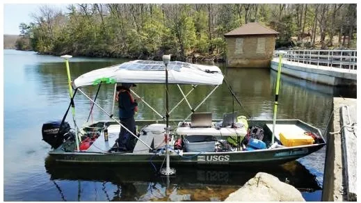 A USGS boat equipped with echosounder and GPS technology docked at Newton Reservoir, New Jersey