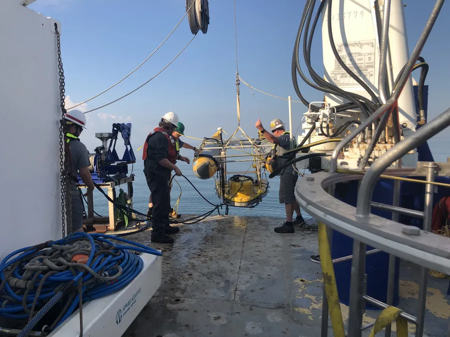 Deploying multibeam, chirp, and multichannel seismic survey equipment along the Mississippi River Delta Front