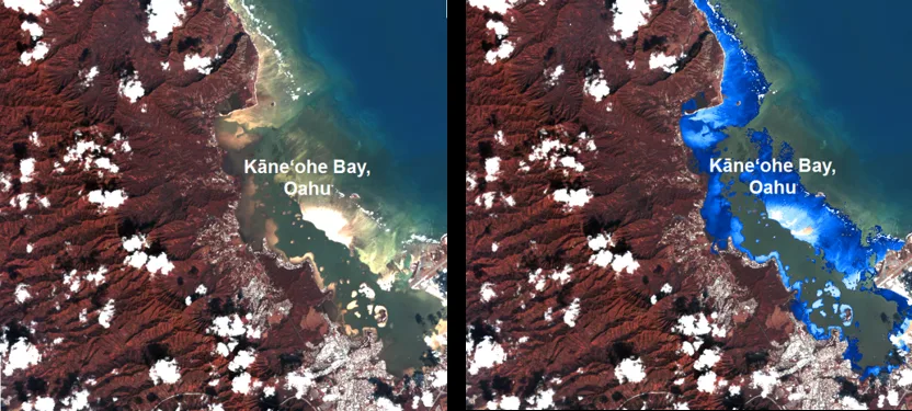 Side-by-side comparison of DigitalGlobe WorldView satellite imagery of Kaneohe Bay, Oahu, and the satellite-derived bathymetry estimate produced from it